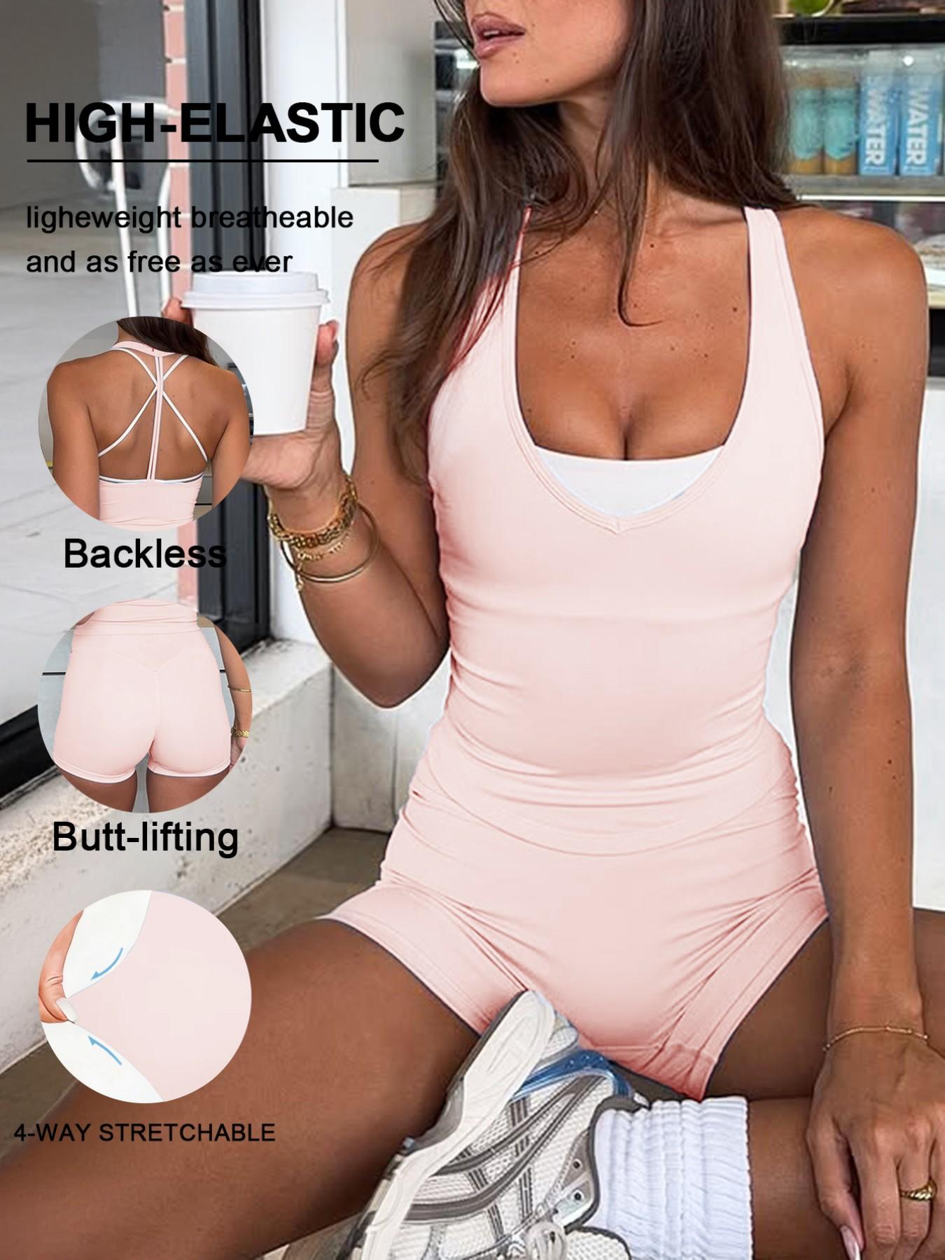 Women's Sporty Set, Athletic Sportswear, Fitted Design Activewear, Backless Sleeveless Top & High Waist Shorts, Ideal for Training, Running & Yoga, Casual Daily Wear, Workout Apparel
