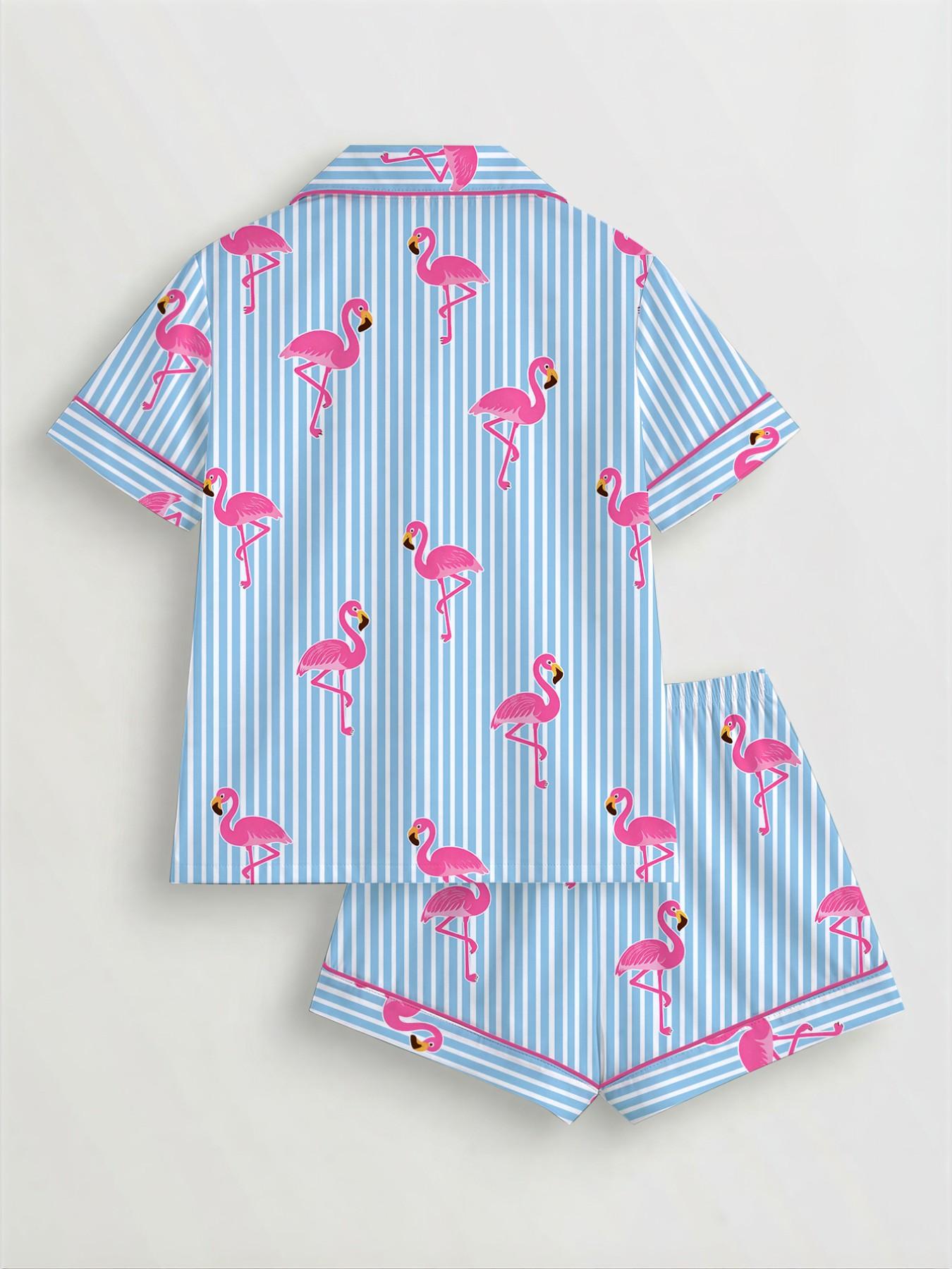 Women's Striped Flamingo Print Pajama Set Pjs, Short Sleeve Button-Up Top & Elastic Shorts, Casual Loungewear Outfit & Pajamas for Home Wear, All Seasons