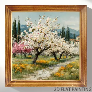 8x8 Inch Farmhouse Framed Canvas Wall Art - White Cherry Blossom Tree & Tuscan Landscape with Wood Frame, Italian Countryside Spring Picture for Bedroom,, - Horizontal or Vertical Hanging Rustic Decor, 2D Flat
