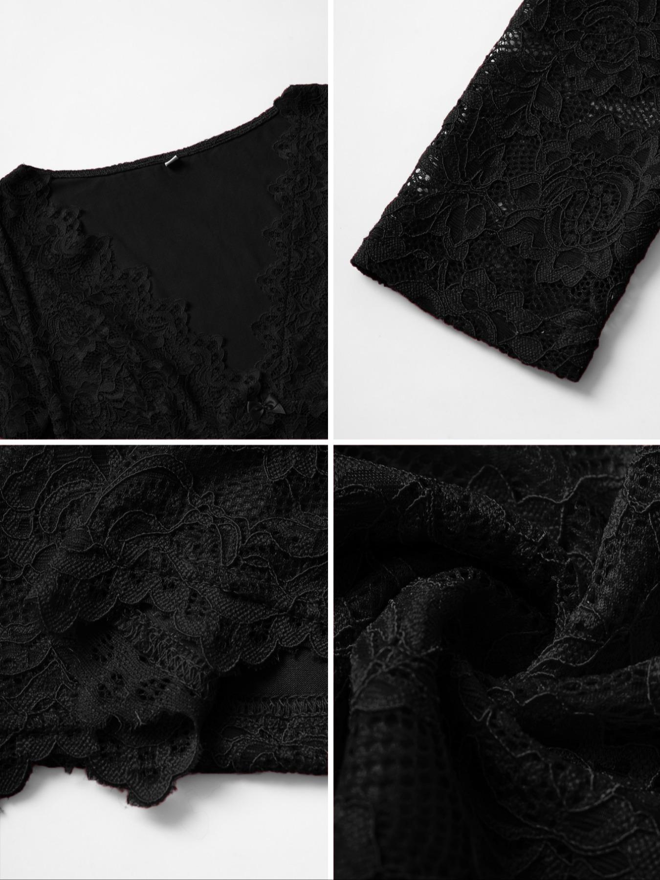 Spring Summer Y2K Sexy Slim Fit V Neck Lace Patchwork Bow Hollow Out Short Sleeve T-Shirt, Women's Fashion Casual Top Womenswear