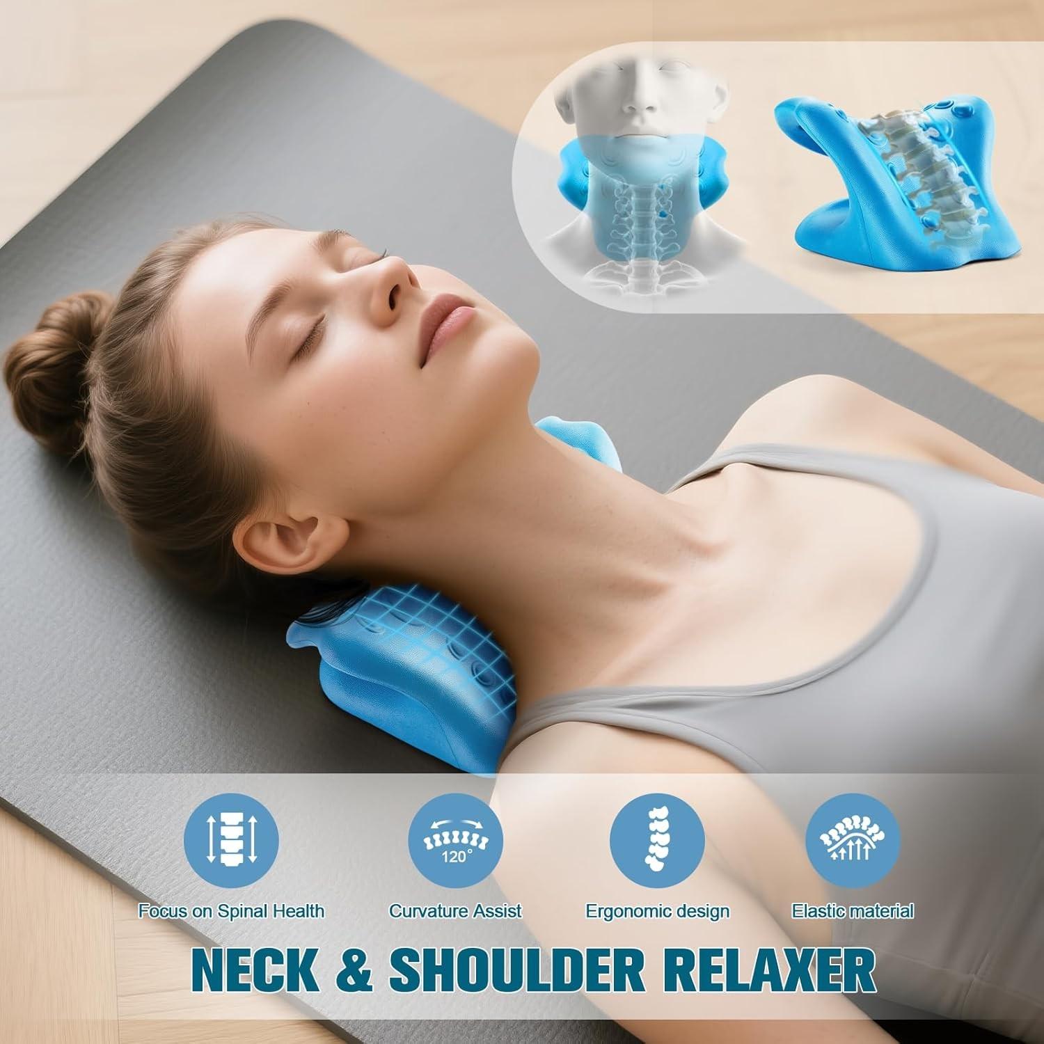 Neck Stretching Device and Cervical Traction Pillow, Pain Relief for Neck and Shoulder, Spinal and Neck Corrector, Blue Color
