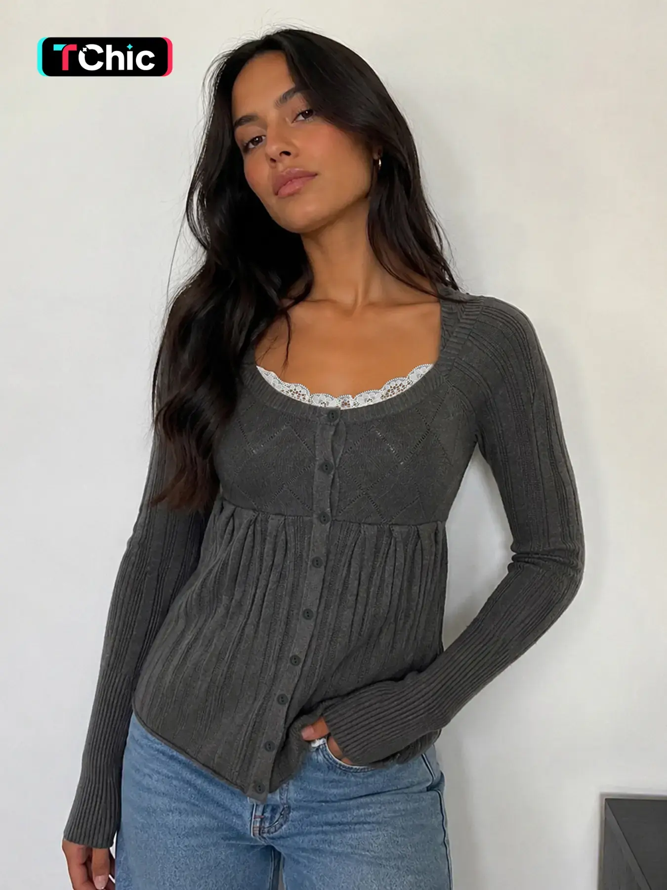 Vintage Elegant Lace Patchwork Cardigan, Long Sleeve Button Front Sweater, Slim-Fitting A-Type Knit, Fall & Winter Fashion for Women