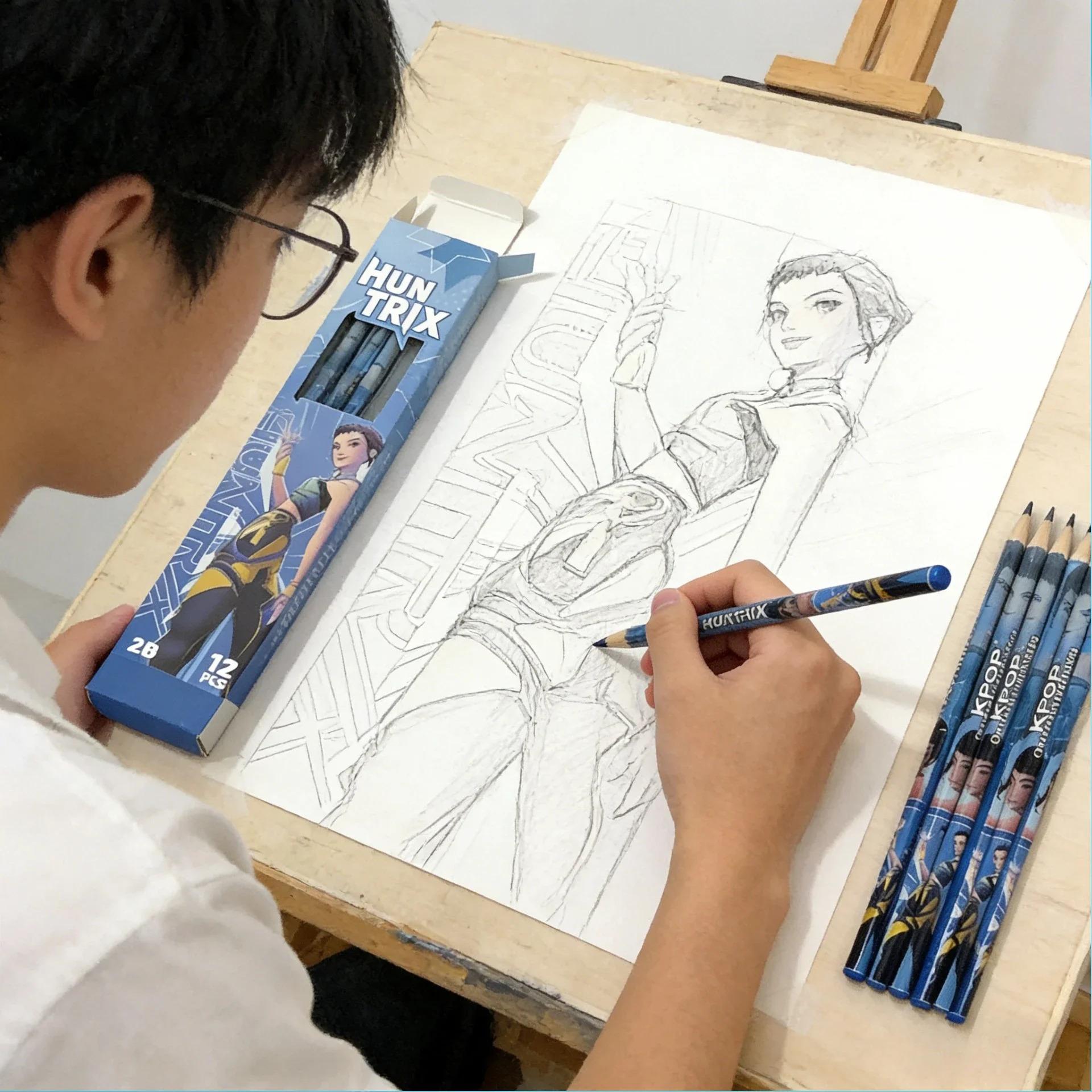 12Pcs/Set Witch Hunting Team Cartoon Pencils Cute Black Wood Pencils Festival Stationery Gift for Kids