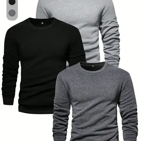 Men's Solid Plain Long Sleeve Crew Neck T-shirt, Fitted Casual Regular Fit Basic Classic Round Neck Tee for Fall & Winter, Men's Clothes for Daily Wear Menswear Casual Fashion Clothing