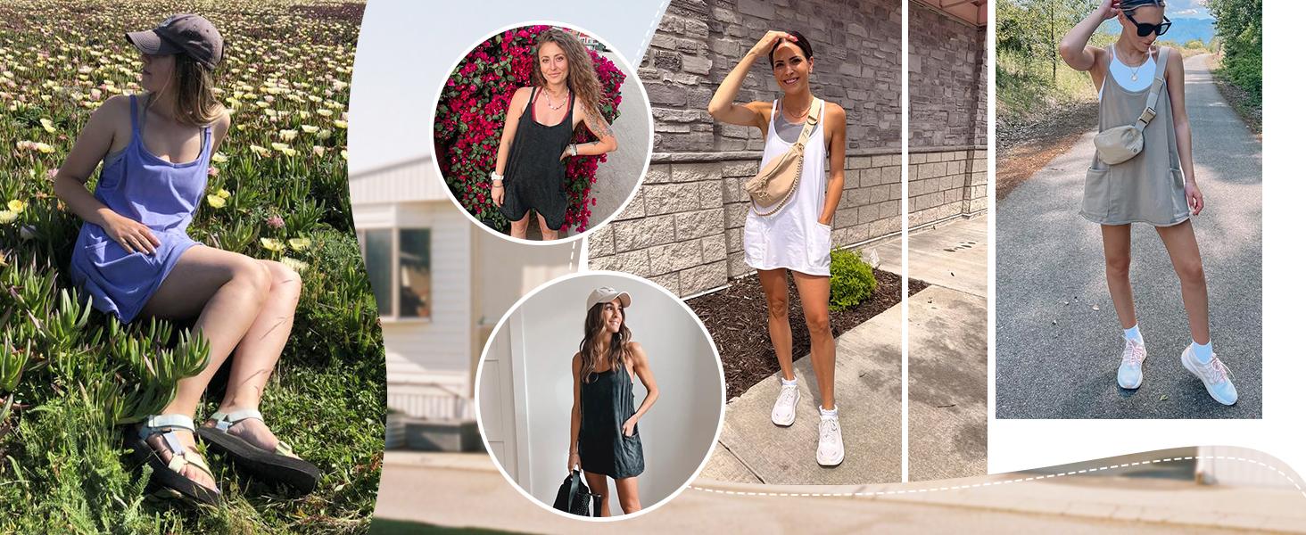 SCUSTY Women's Summer Sleeveless  Mini Dress with Built-in Shorts V Neck Spaghetti Straps Athletic Shorts Tennis Dress with Pockets