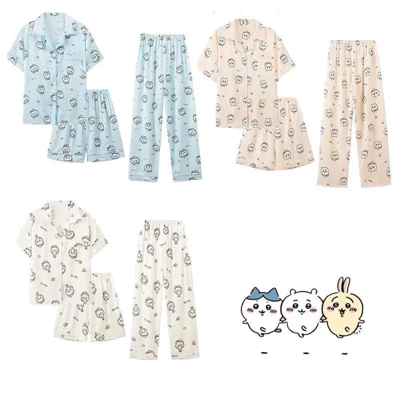 Chiikawa Usagi  Hachiware Pajamas Girls Summer Ice and Snow Silk Short-sleeved Summer Thin Home Clothes Three-piece Set