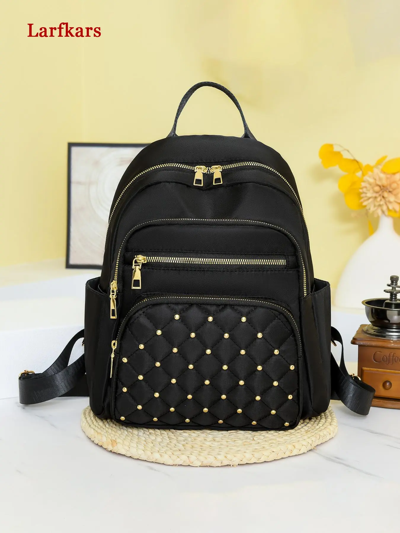 Larfkars Small design multi-pocket rivet design backpack, large capacity and durable leisure outdoor travel backpack commuter small backpack, fashionable, versatile and practical, the first choice for commuting, a good travel partner