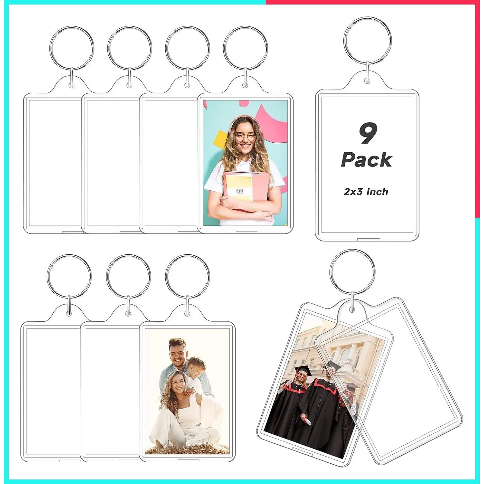 9 Pcs Acrylic Picture Keychain Holder for Father's Day, Personalized Photo Frame Keychains for Insert 2 x 3 Inch Photo, Blank Clear Keychains for DIY Craft Graduation Christmas Gifts