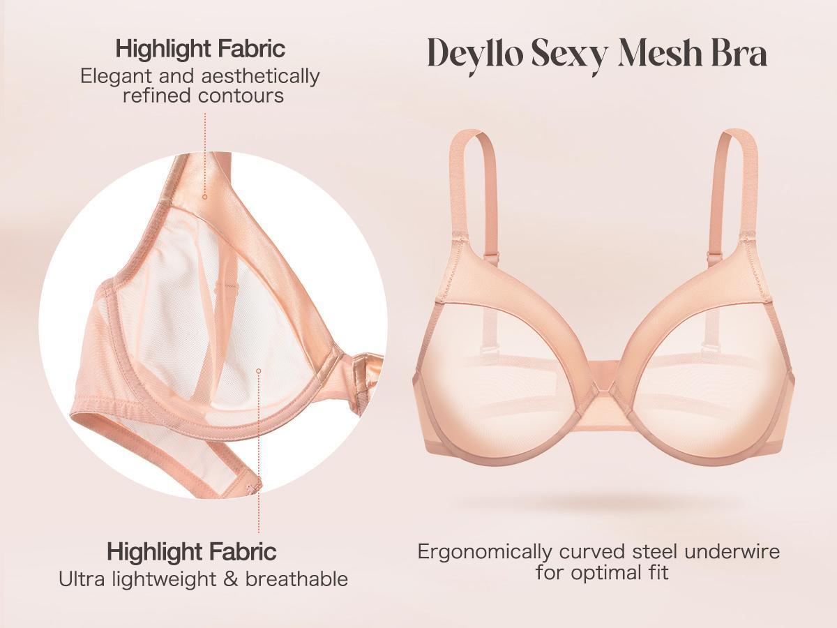 Deyllo Women's Unlined Underwire Deep Plunge Bra - Adjustable Strap, Ultra-Sheer Mesh, V-Neck Cut, Underwire Lift, Lightweight for Everyday Wear