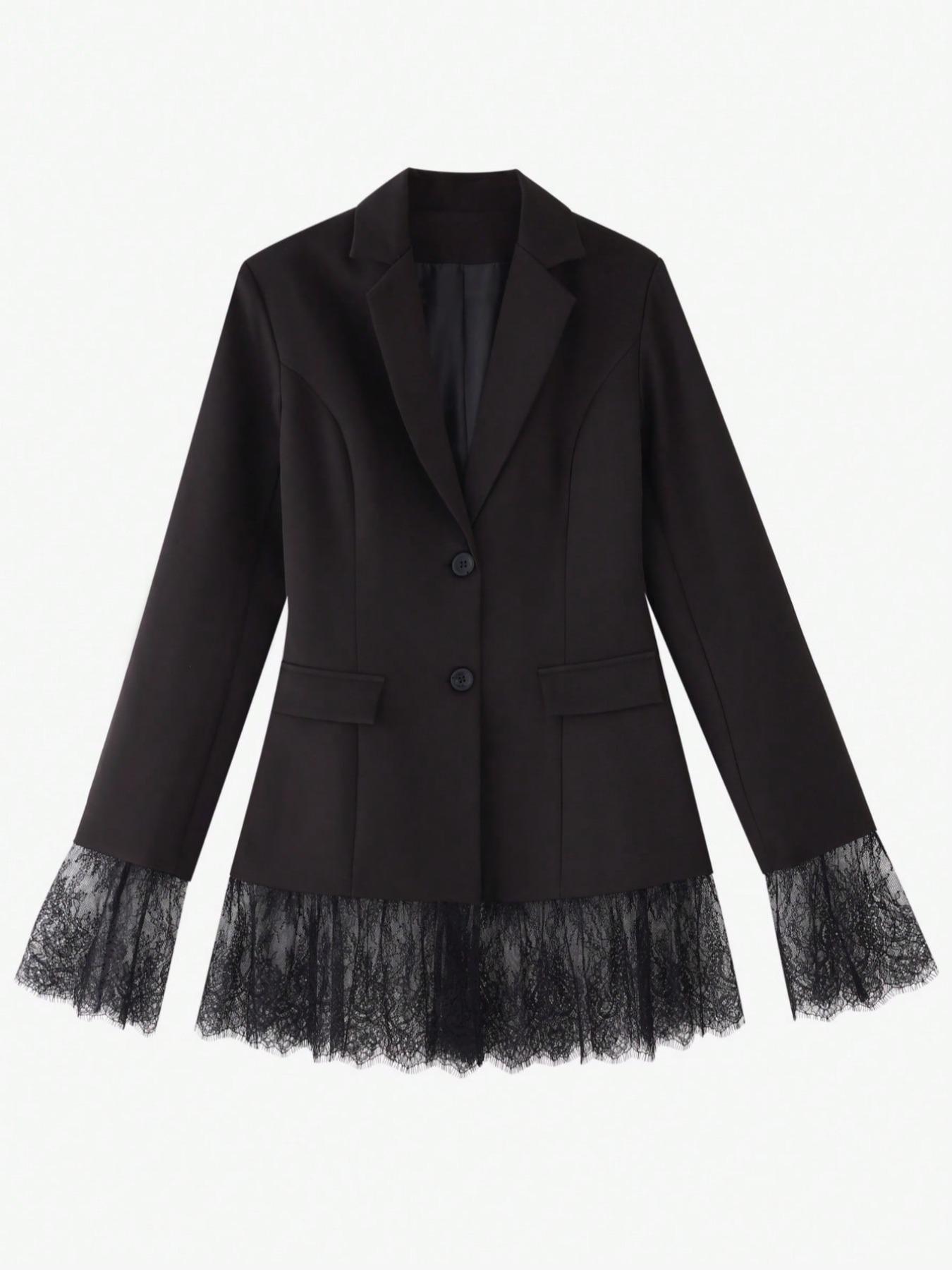 Women's Fitted Elegant Pure Color Woven Fabric Lace Patchwork Button Pockets Waistcoat Blazer Jacket, Office Evening Date Formal Banquet Fall Winter Womenswear