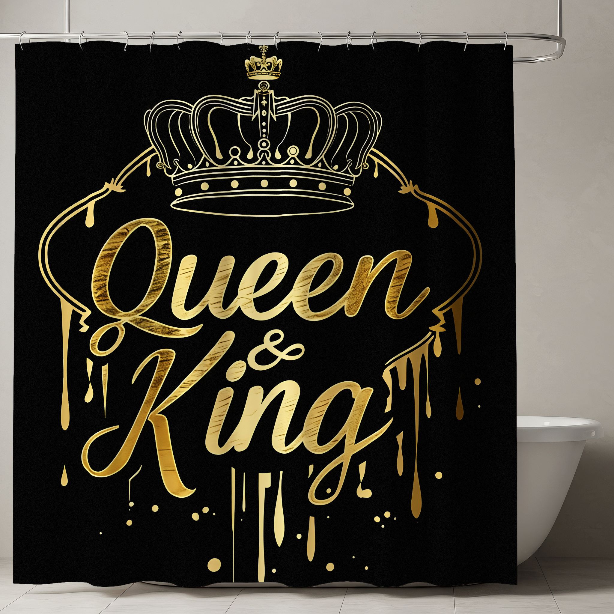 Luxurious Shower Curtain with Design, Queen & King Cursive, Crown Illustration, Ideal for Regal Bathroom Decor
