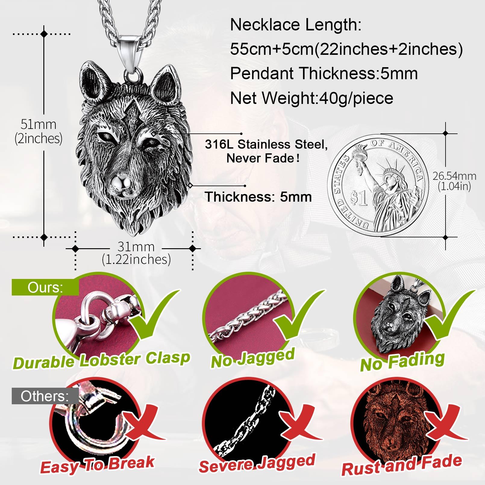 U7  Vivid Floating Wolf Necklace Pendant Vintage Stainless Steel Animal Pendant