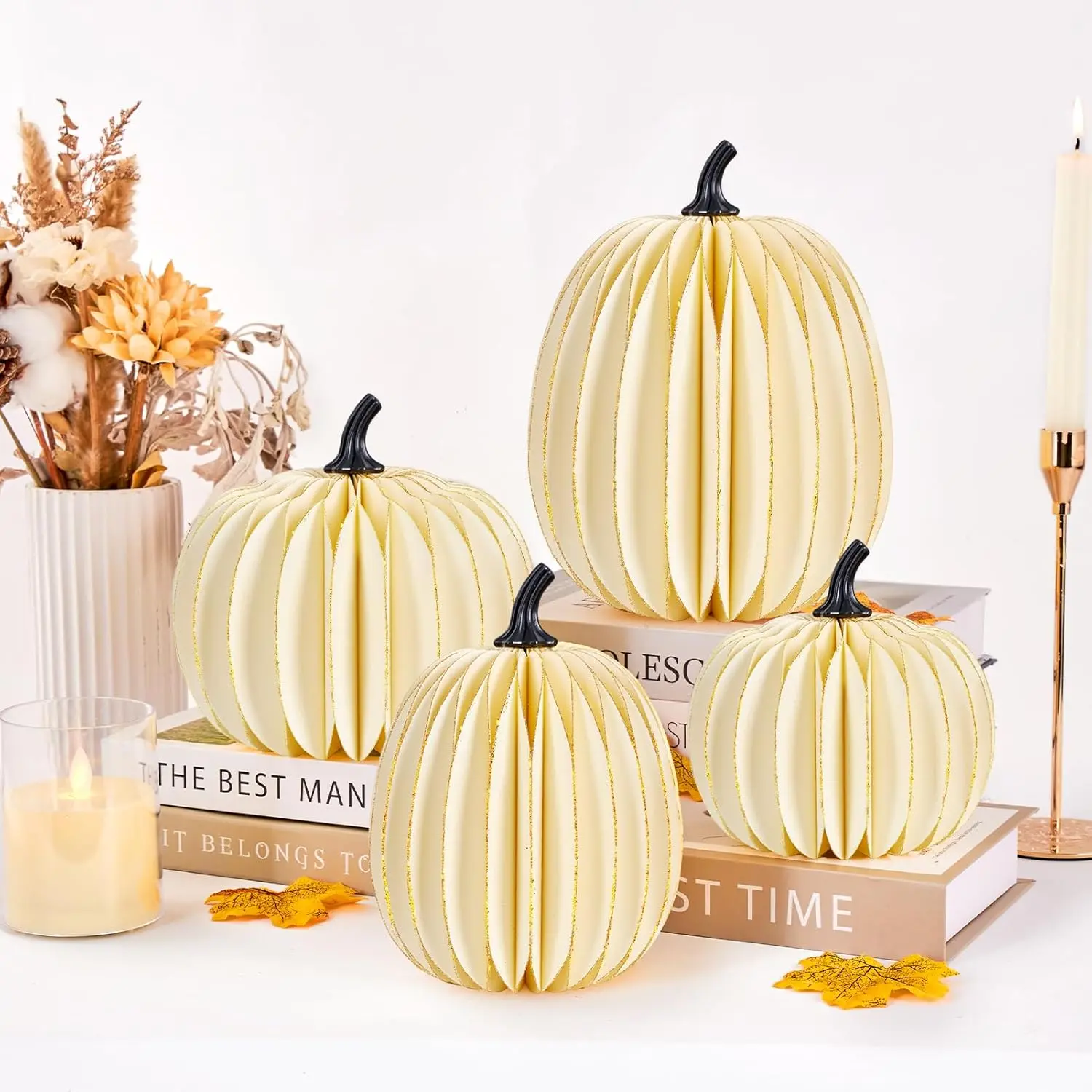 Homarkable 4-Pcs Luminous Decorative White Paper Pumpkins Set with Gold Glitter Edges, Honeycomb Fall Wedding Centerpieces, Home Decor for Table Arrangements, Fall Decor, Farmhouse