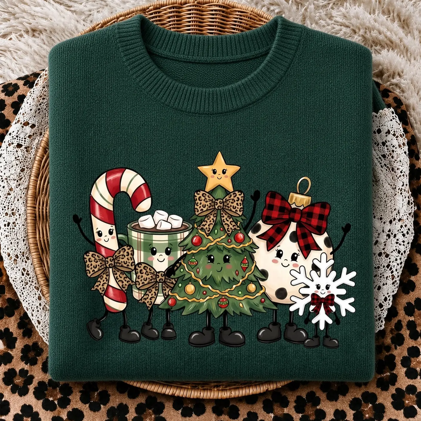 Ladies Long Sleeved Casual Top Cute Christmas Style Candy Cane Hot Cocoa Cup Christmas Tree Print Comfortable Warm Imitation Knit Sweater for Daily Wear Holiday Gathering Party