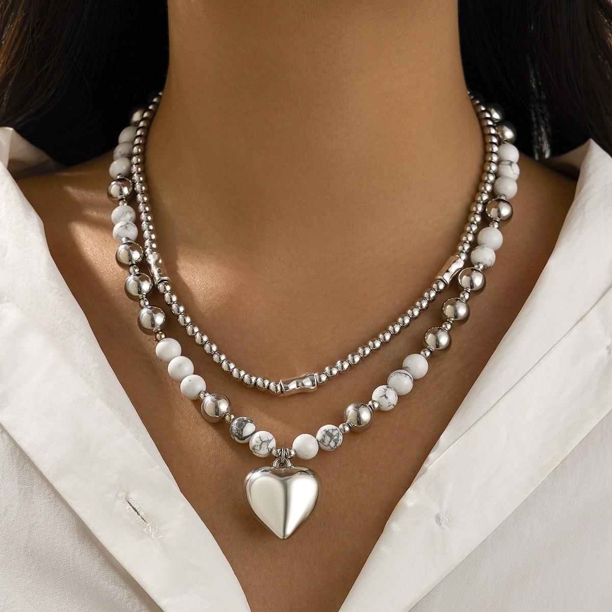 Women's 2-Layer White Turquoise Beaded Heart Pendant Necklace - Silver Metal Ball Chain, Marble Stones, Mixed Sizes Beads, Minimalist Stack Adjustable Choker, Daily Wear Jewelry for Gift, Double Strand, Minimalist Design, Adjustable Bead Chains