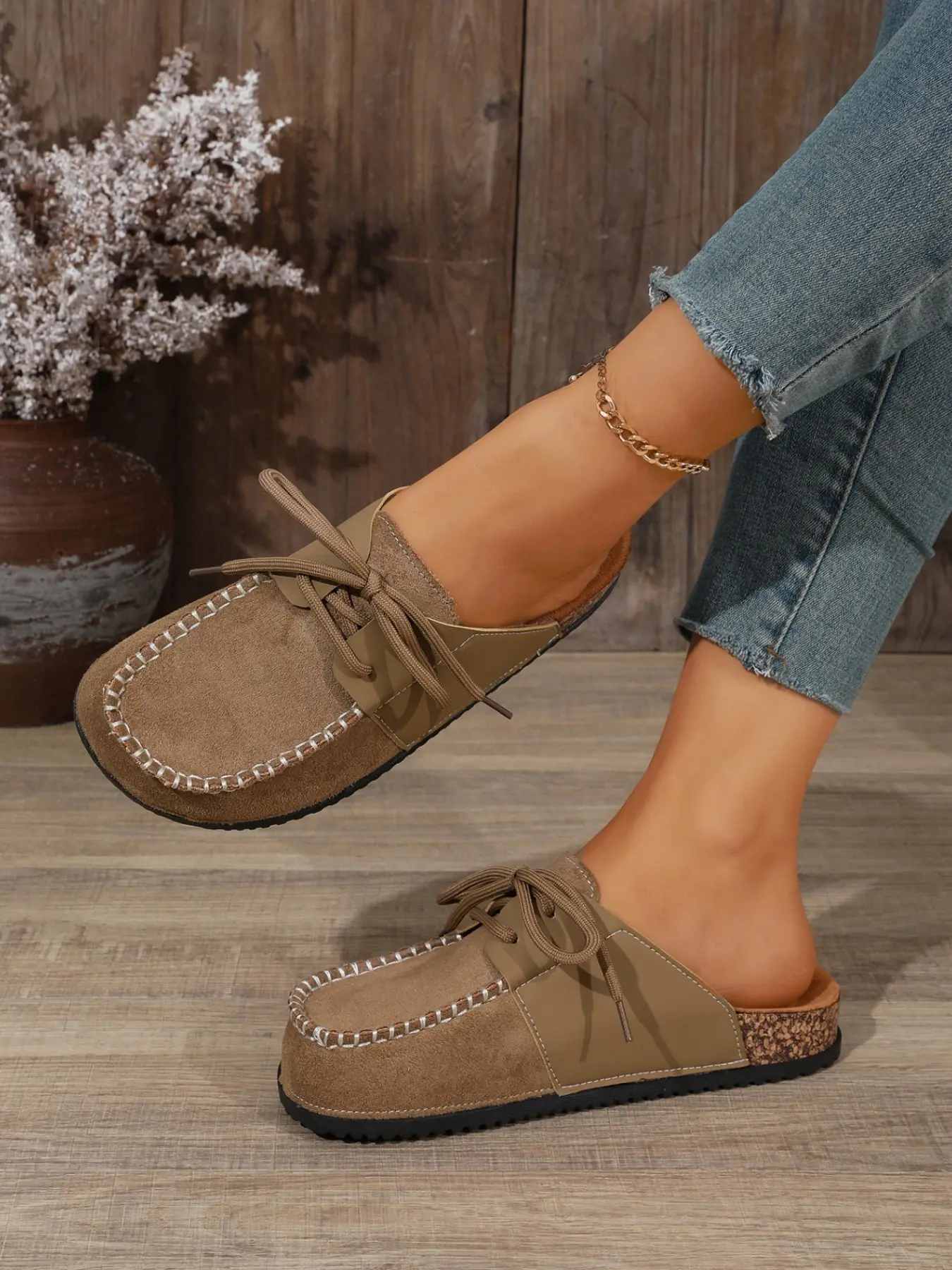 Vintage Birkenstock Style Lace-Up Sandals, Camel Color Textile Upper, Rubber Sole, 3cm Thick Anti-Slip, Elegant Casual Shoes for Women
