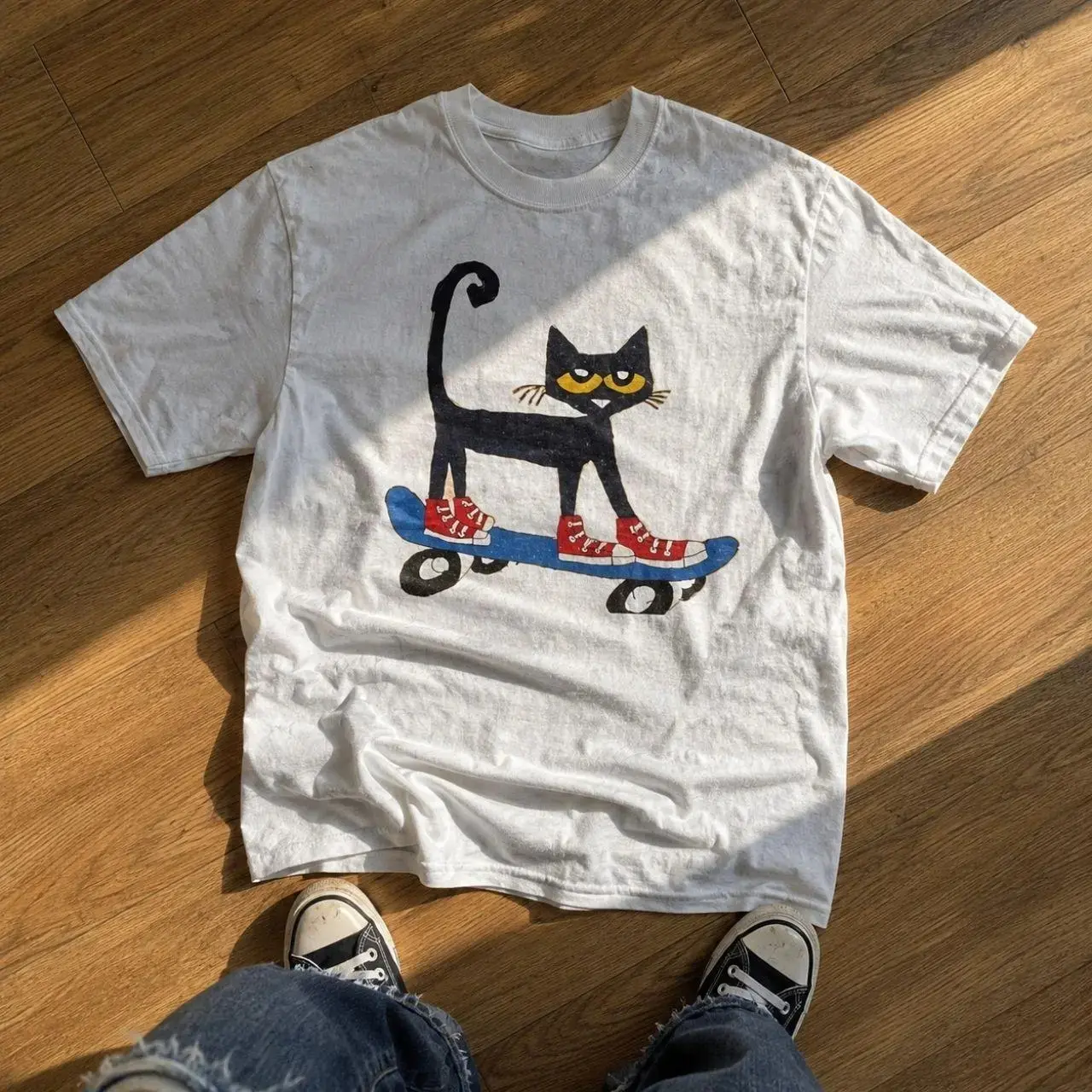 Pete The Cat Skateboard Red Sneakers T-shirt And |   Retro Cartoon Skater Cat  Top, 90s Nostalgic Childhood Clothing, Cool Streetwear Graphic Apparel Gift