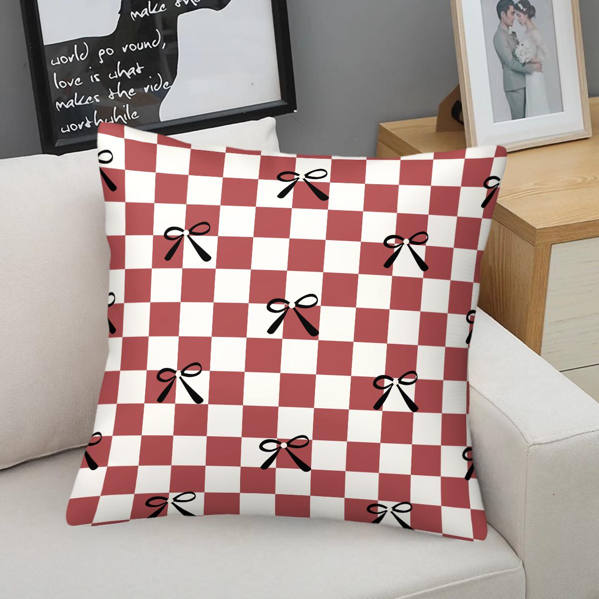Cute Bow Print Throw Pillow, Heart Checkerboard Decorative Sofa Cushion, Exquisite Gift for Girls & Women, with Pillow Insert