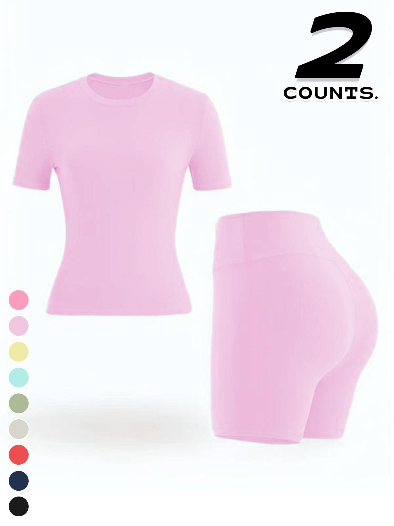 Women's Sport Yoga 2-Piece Set, Plain Short Sleeve T-Shirt and High Waist Shorts, Breathable Gym Running, All Seasons
