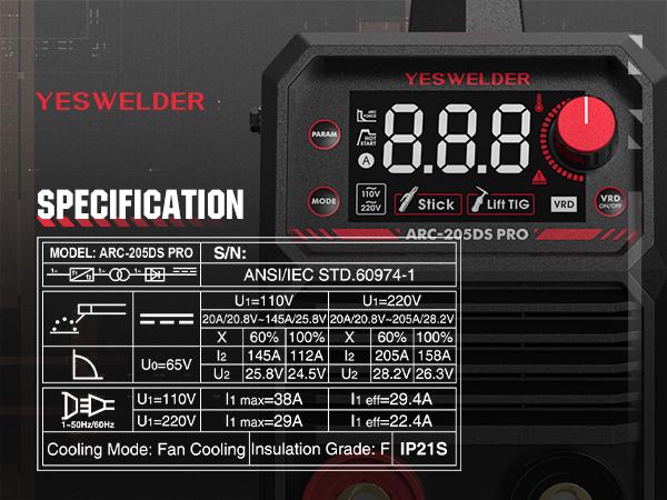 YESWELDER ARC-205DS-PRO 205Amp Stick Welder | 110/220V Dual Volts MMA Welding Machine | Hot Start, Arc Force, Anti-Stick & VRD