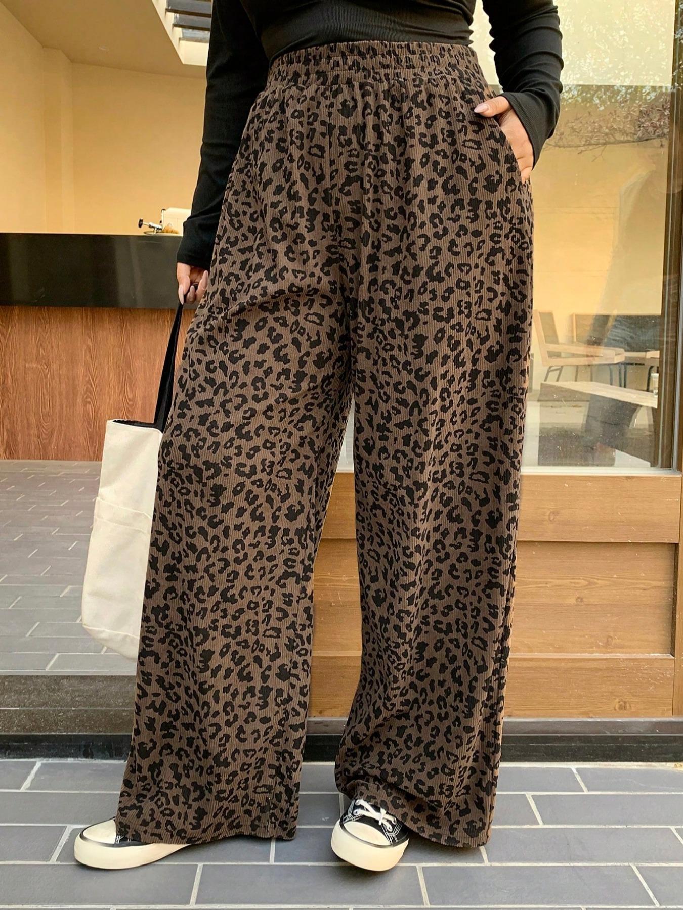 Plus Size Women's Loose-Fit Leopard Print Corduroy Pants with Elastic Waistband, Coffee-Colored Long Pants for All Seasons, Perfect for Back to School and Casual Dates, Casual Fashion Pants