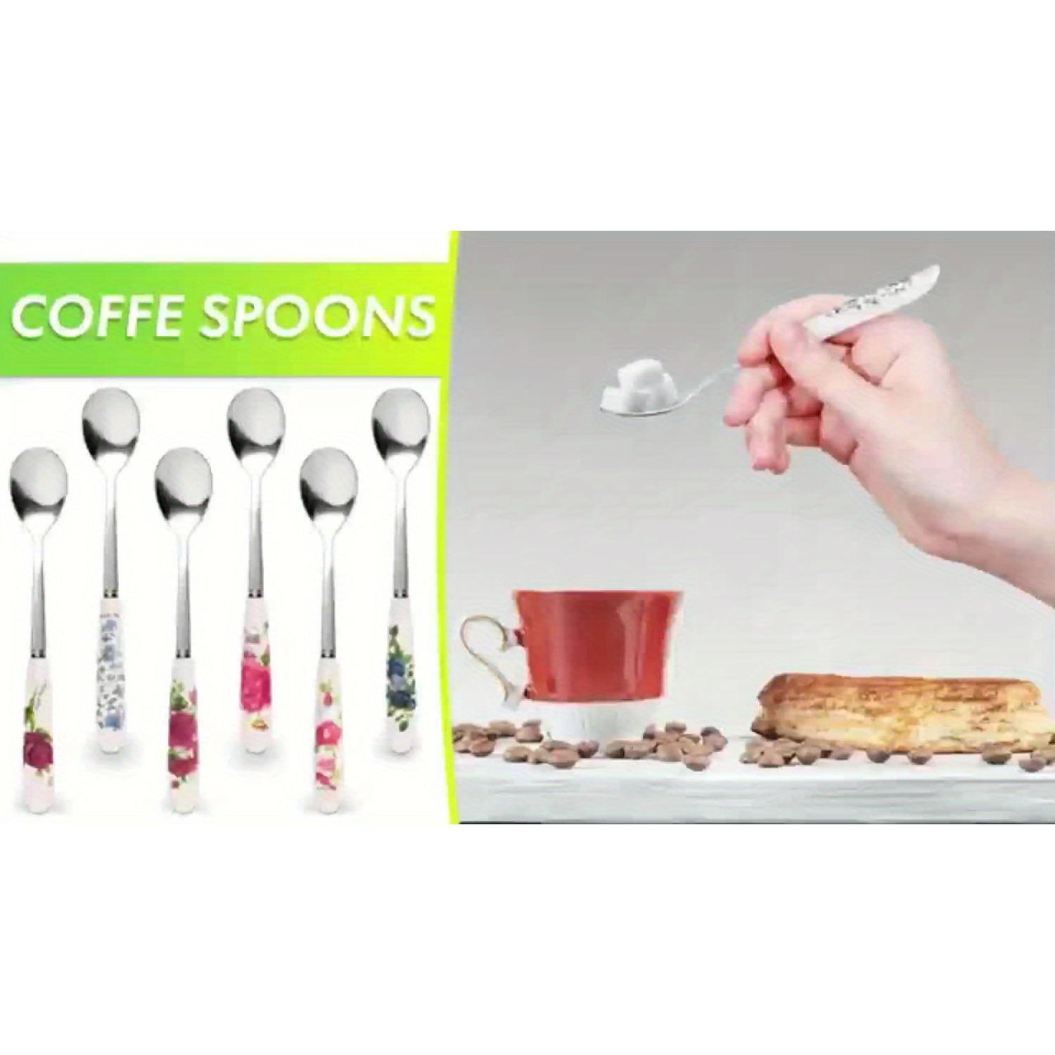 PrimPick A 6-piece set of stainless steel coffee spoons with floral ceramic handles - an elegant mixing and serving tool, suitable for sugar, ice cream and soups - a durable kitchen and dining accessory