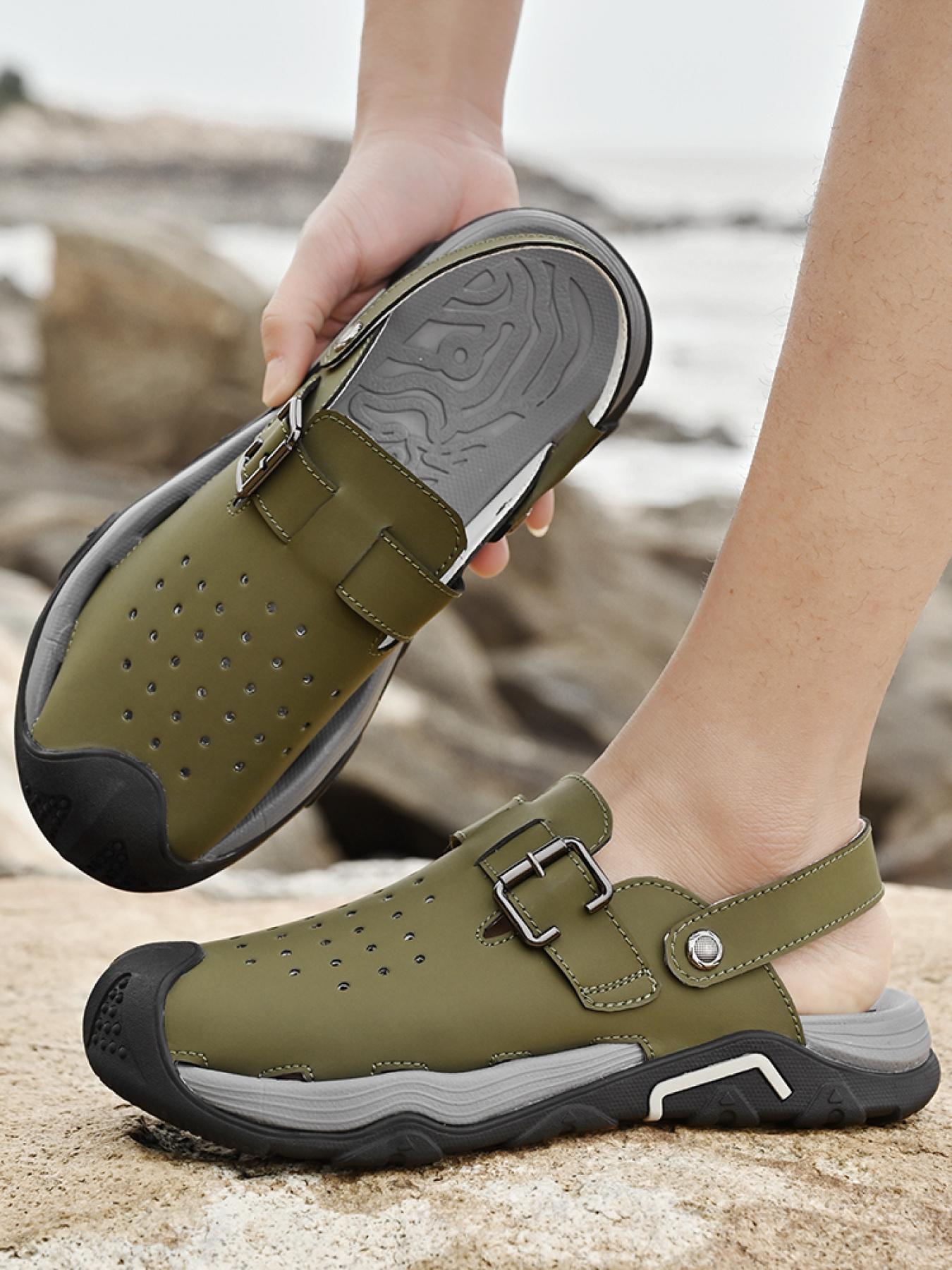 Men's Solid Color Dual-Wear Closed-Toe Perforated Sandals, Adjustable Velcro Non-Slip Beach Shoes, Breathable Outdoor Water-Slippers