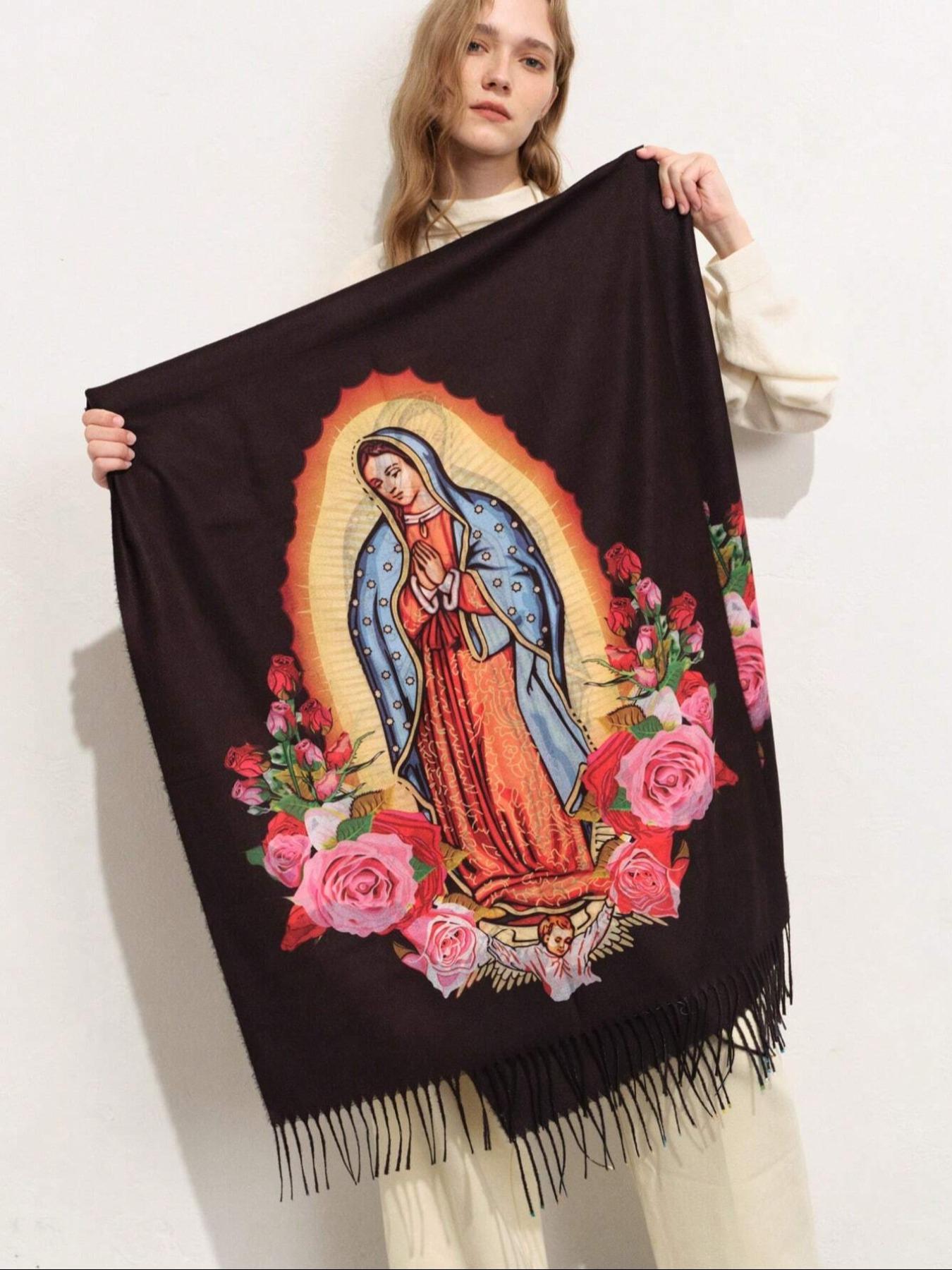 Elegant Printed Polyester Scarf with Tassel Fringe, Shawl Wrap for Women, Windproof & Warm, Perfect for Parties & Gifts, Tassel Decor Shawl