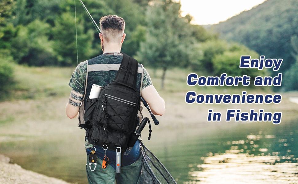 MoKo Fishing Backpack Sling Bag with Rod & Gear Holder, Nylon Waterproof Fishing Tackle Storage Bag for Fishing