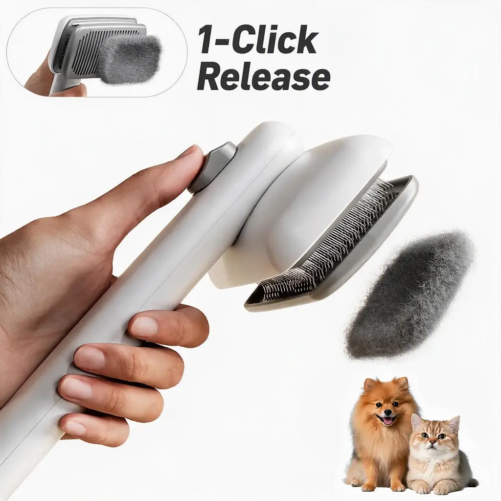 Dog & Cat Button Hair Removal Comb - Universal Self-Cleaning Deshedding Slicker Brush, 1-Click Release, Easy Clean, Shed Control, No Hair Picking