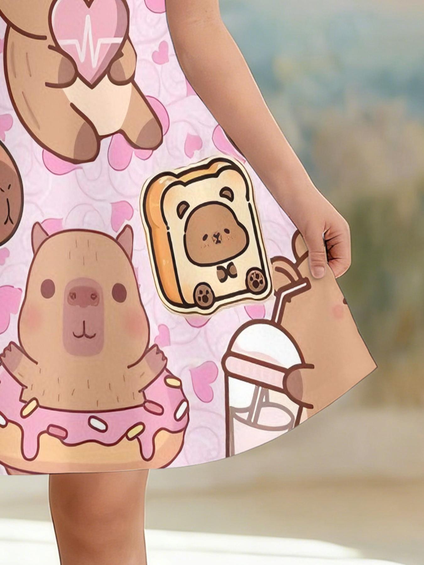 Trendy Girls' Watermelon Food Full Print A-Line Dress, Cute Cartoon Short Sleeve Skirt, Fashion Outdoor Wear, Birthday Gift, Holiday Gift