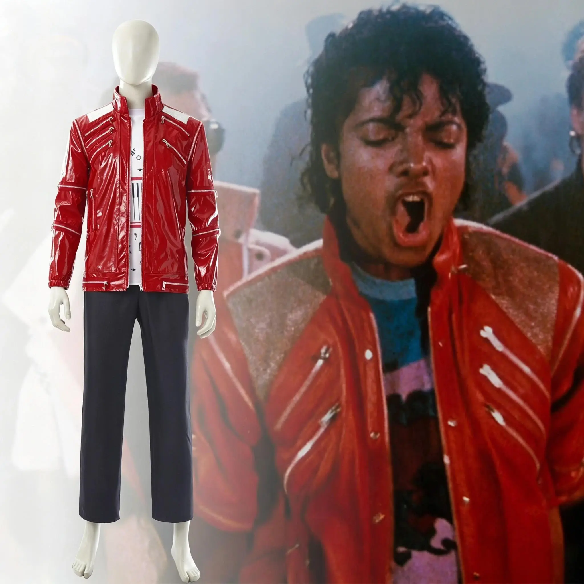 Red Zipper Michael Jackson MJ Beat It Jacket for Impersonators PU Leather Punk Casual Coat Halloween Stage Christmas Outwear