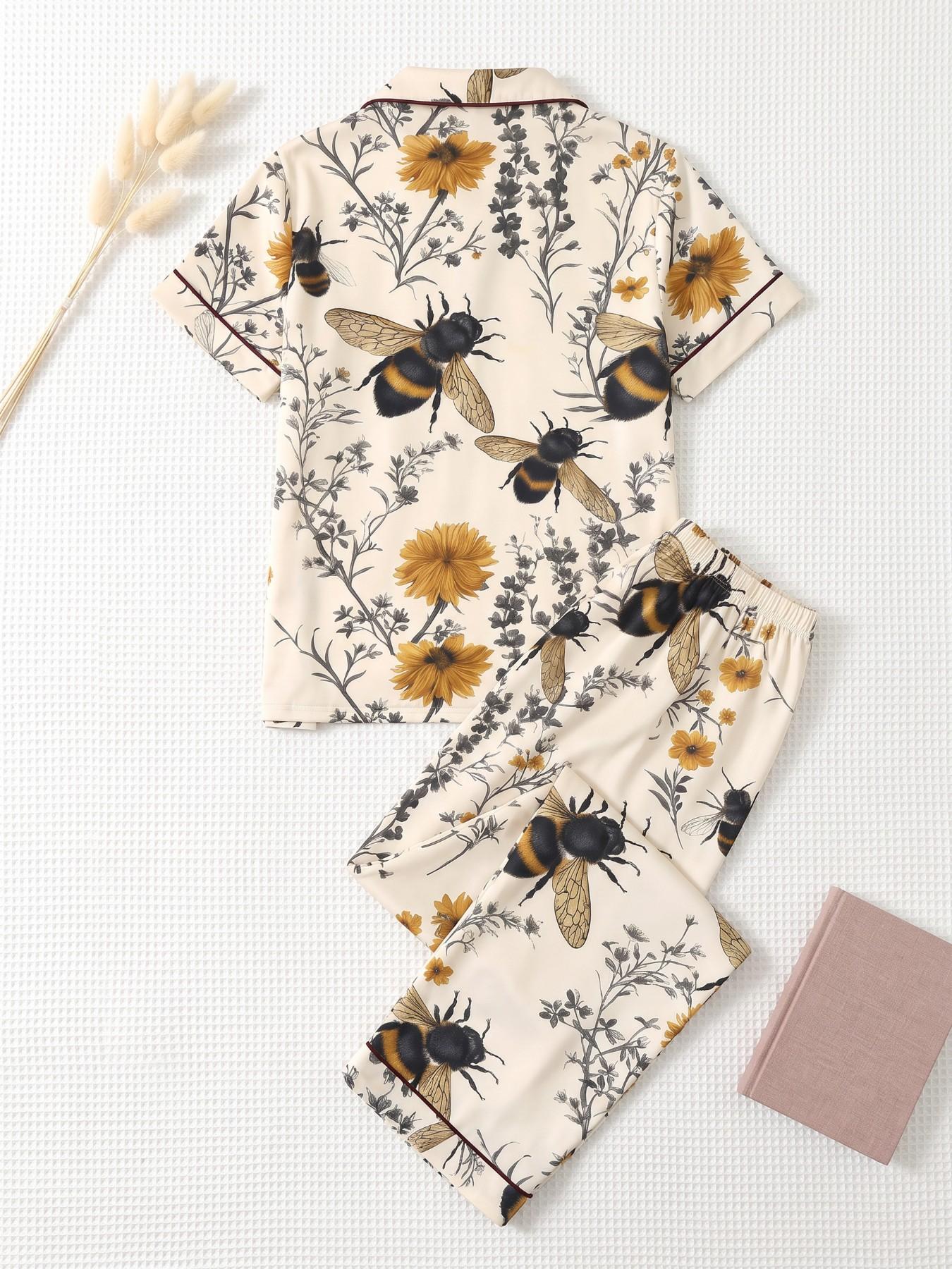 Women's 2-Piece Pajama Set, Short Sleeve Button-Up Shirt and Pants, Casual Home Wear, Floral Bee Daisy Print, All Seasons