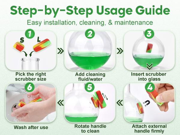 Magnetic Glass Cleaner Kit - Reusable Pipe Cleaning Tool Deep Cleans Hard-to-Reach Stains Two Silicone Brush with Handle Design Versatile for Glassware, Ceramic Surfaces Multicolor