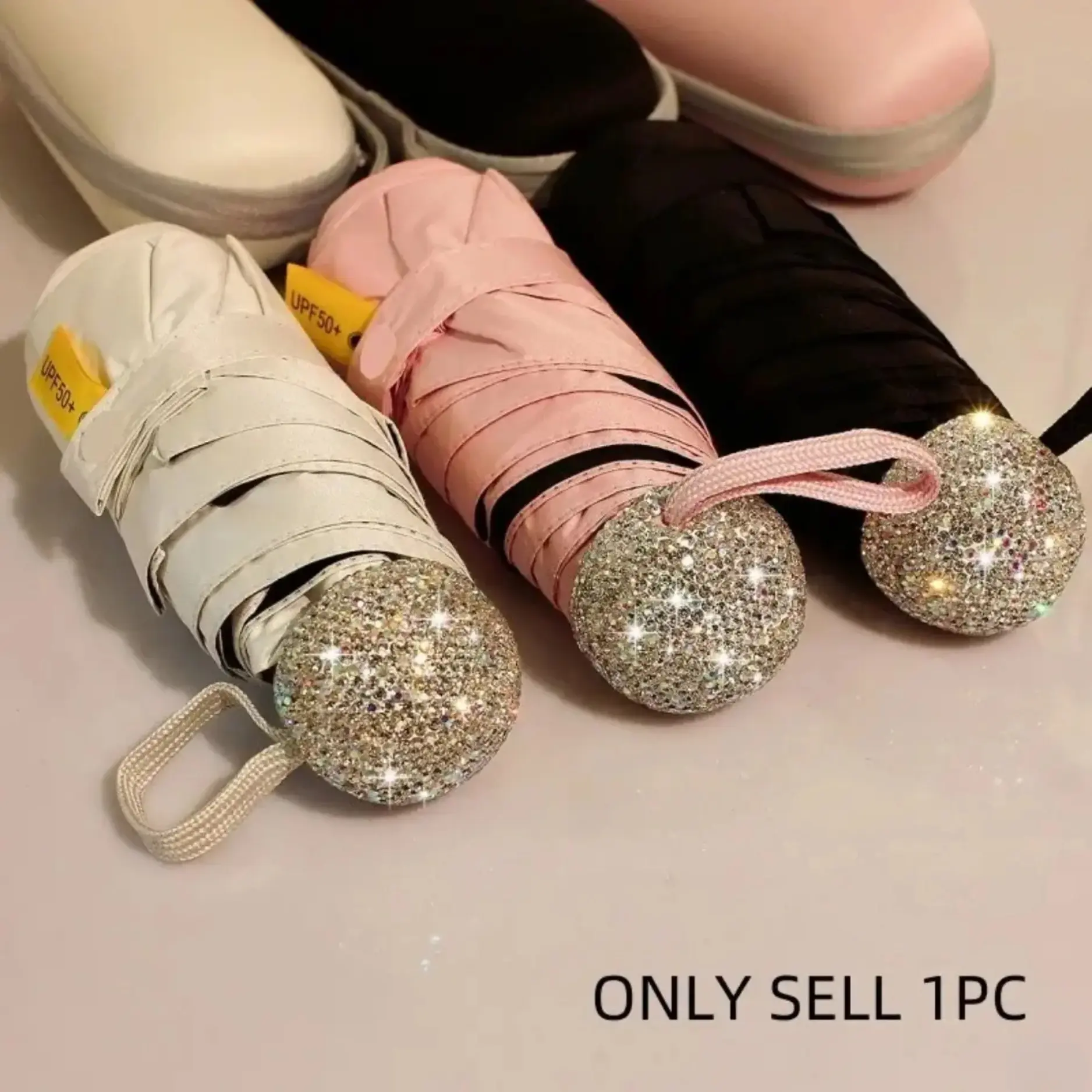 Luxury Rhinestone Folding Umbrella - Student Gear with UV Protection, Windproof, Microfiber EVA Waterproof, Lightweight Folded for Daily School, Rhinestone Accents, Available in Pink, Black, Silver, Sun Rain Cover