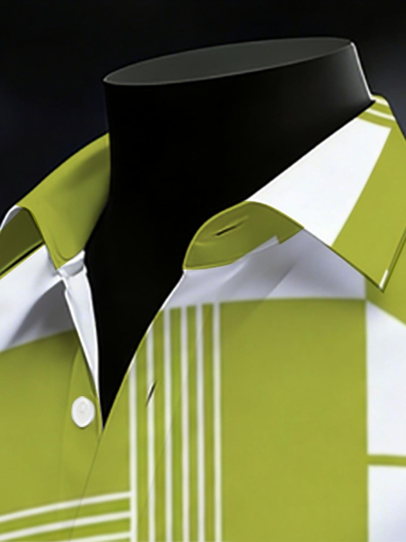 Men's Green Spliced Striped Long Sleeve Shirt, Business Casual Slim Fit, Trendy Plaid Design Men's Top