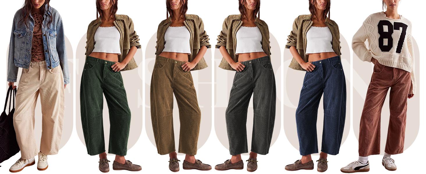 SCUSTY Women's Corduroy Pants Barrel Mid-Rise Elastic Waist Cord Pants Casual Wide Leg Baggy Trouser with Pockets