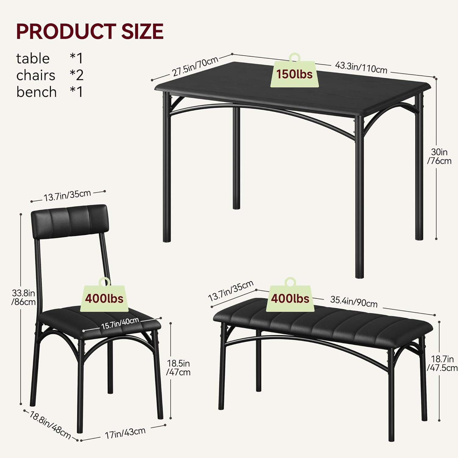 4-Piece Dining Set for 4 with Table, 2 Chairs & Upholstered Bench, Rectangular Wood Kitchen Table for Small Spaces, Apartments & Breakfast Nook