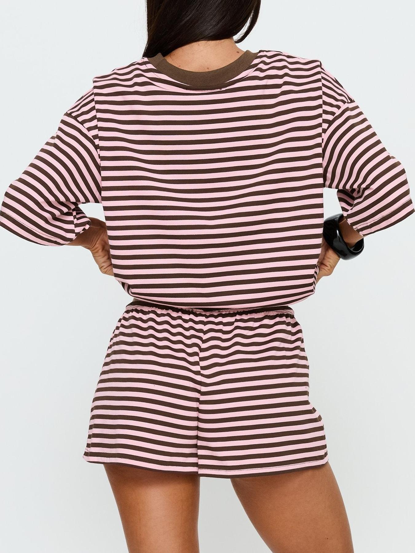 2 Spring Summer Striped Print 2 Piece Outfit Women Womenswear Clothes | Oversized T-Shirt + Drawstring Shorts | Soft Casual Lounge Set | Y2K Clean Girl Style for Daily Home Vacation Wear