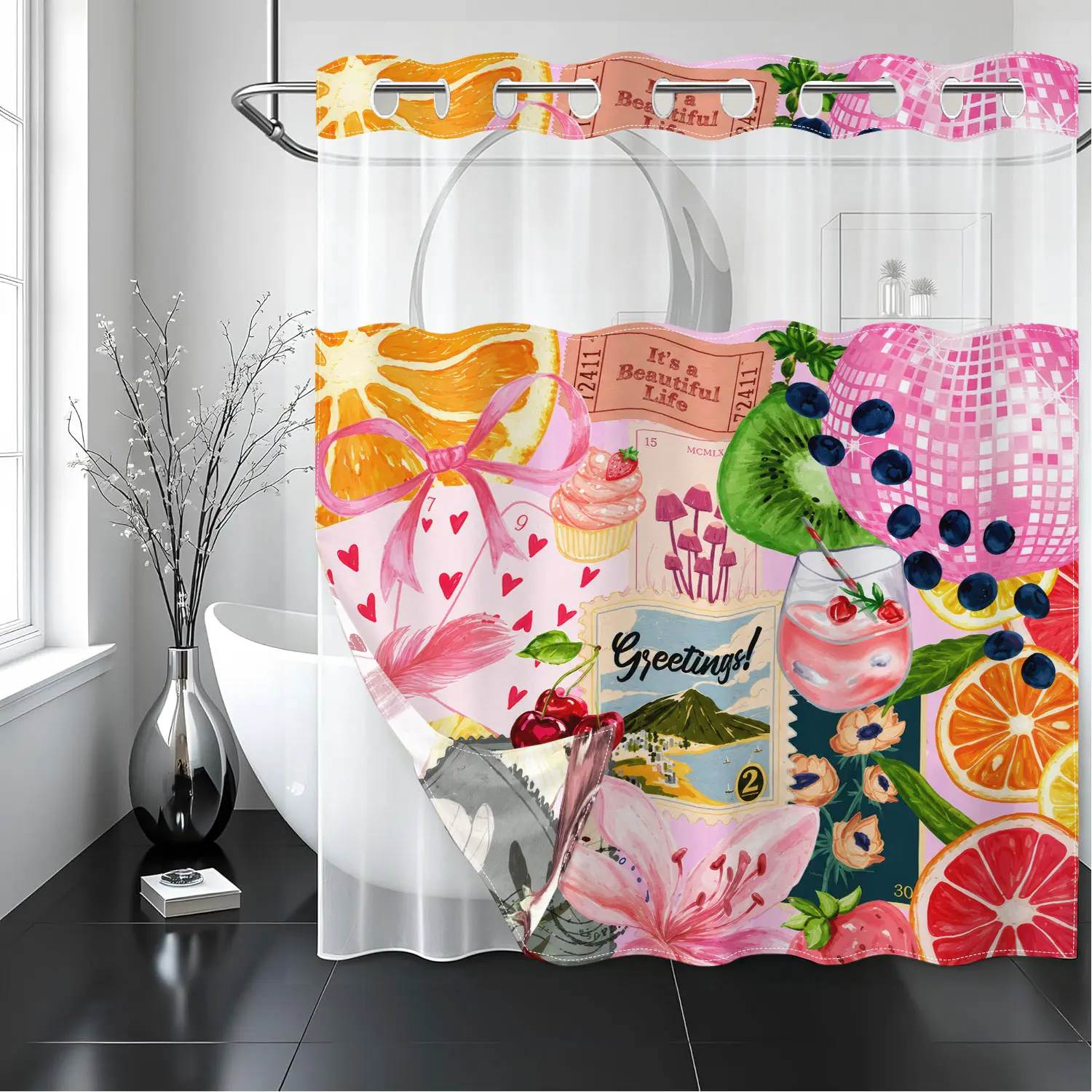 Vibrant Eclectic Shower Curtain 2-in-1 Set with Liner, Unique Fruit, Cocktail & Disco Ball Collage, Features Snap-on Liner, Waterproof, Magnetic Bottom. Perfect for A Tun, Retro Summer-themed Bathroom