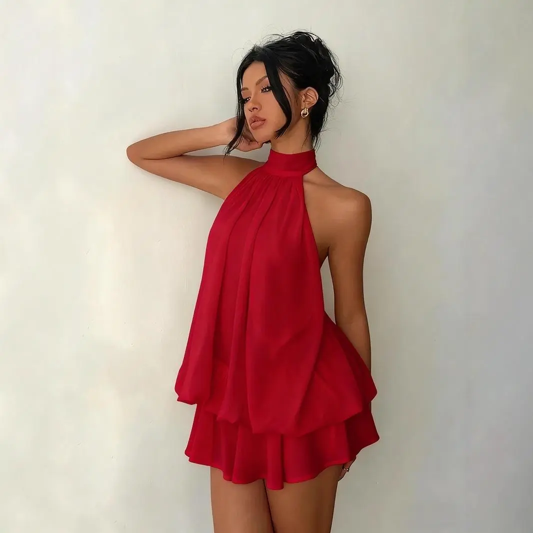Chic Halter Neck Mini Dress for Women, Solid Yellow Chiffon Sleeveless Summer Going Out Outfit for Wedding Guest, Wedding Guest Dress, Ocean, Wedding Dresses Guest