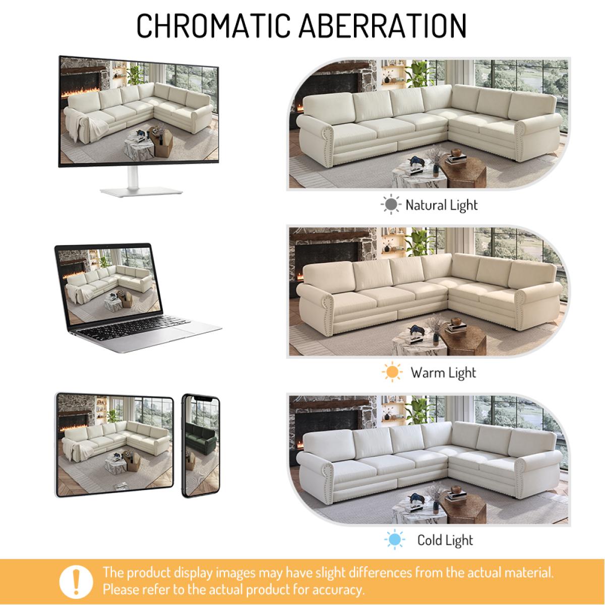 118 in Oversized L-Shaped Chenille Fabric Sectional Sofa with Pull-Out Bed, 6-Seater Couch with Nailhead Trim, Spacious Guest Option for Living Room, Beige/White
