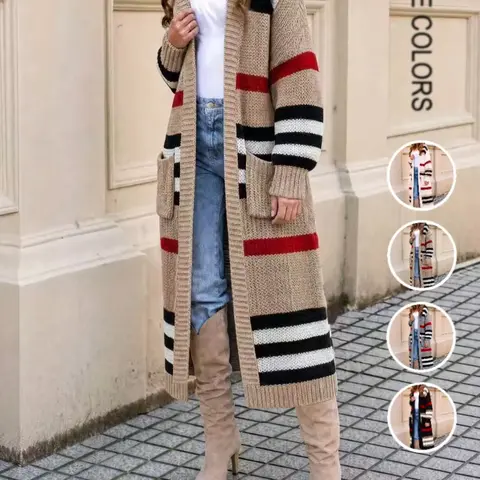 Women's Loose Knit Cardigan, Fall & Winter New Long Soft Sweater Coat with Long Sleeves, Stylish Striped Design with Pockets, Comfortable Fashionable Daily Wear Casual
