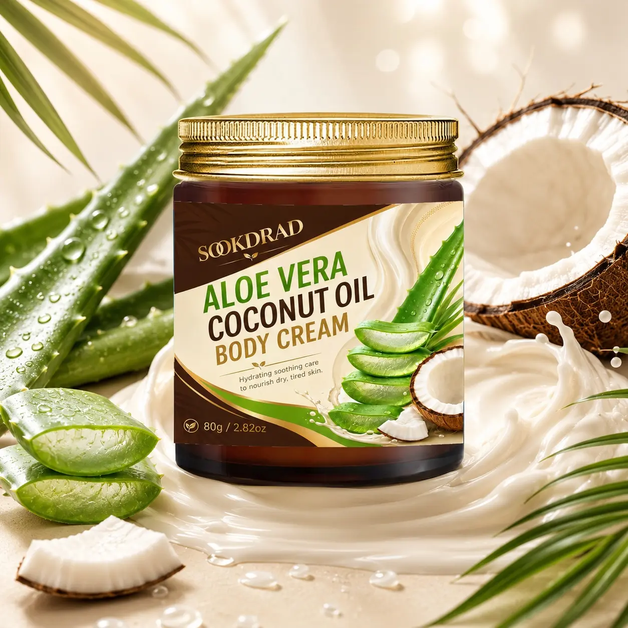 Aloe Vera Coconut Oil Body Cream, Hydrating, Soothing, Nourishing, Suitable for dry tired skin, 80g/2.82oz, Hydrating Body Care