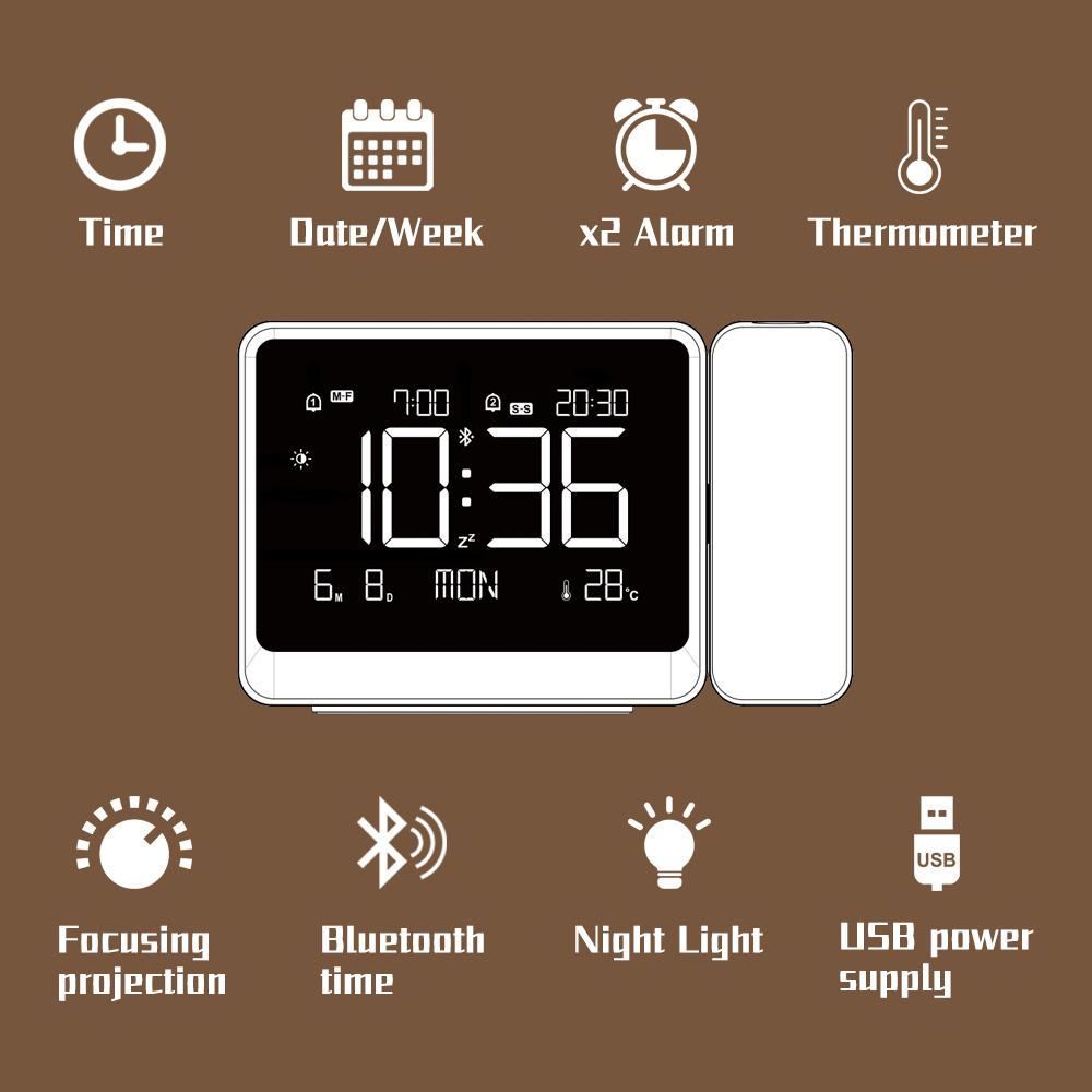 Multi-Functional Projector Alarm Clock with Date & Time Display, Focus Adjustment, Bluetooth-compatible Connectivity, Temperature Monitor, USB Port, Adjustable Backlight, Home Decor, Digital Alarm Clocks