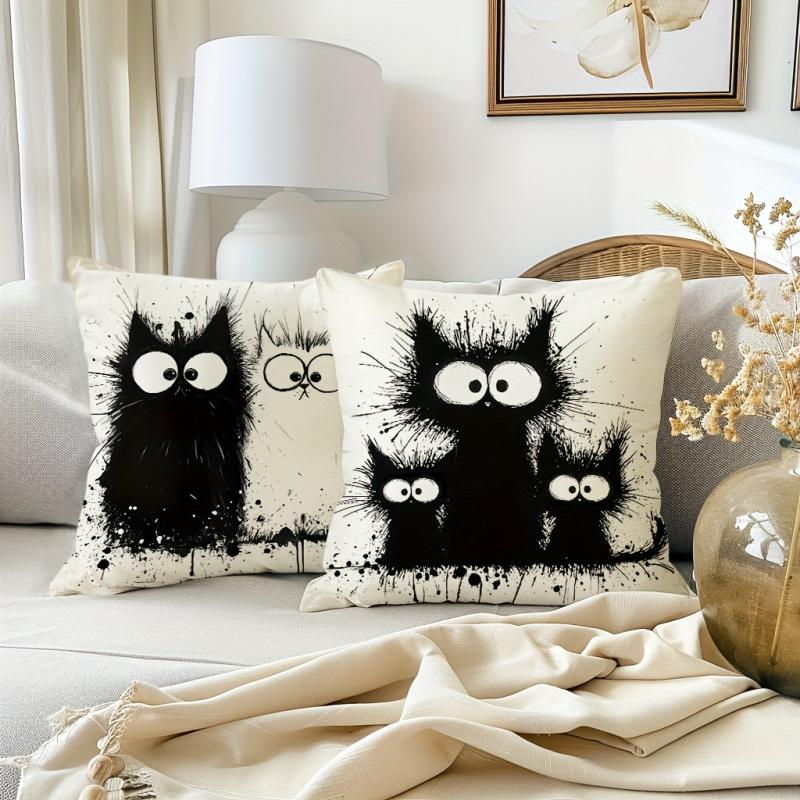 4pcs, Cute Exploding Cat Throw Pillow  Simple Black Cat Decorative Cushion Covers, Farmhouse Party Home Decor Pillowcases, for Couch Sofa Living Room Bedroom, Without Pillow Inserts.