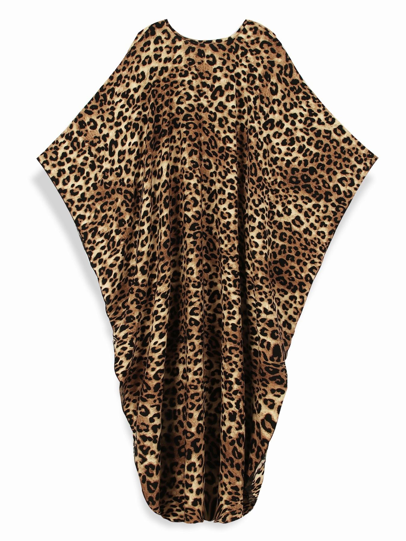 Women's Leopard Print Batwing Sleeve Split Hem Kaftan Dress, Casual Modest Style V-Neck 3/4 Sleeve Long Dress for Fall & Winter, Women's Islamic Clothing for Daily Wear