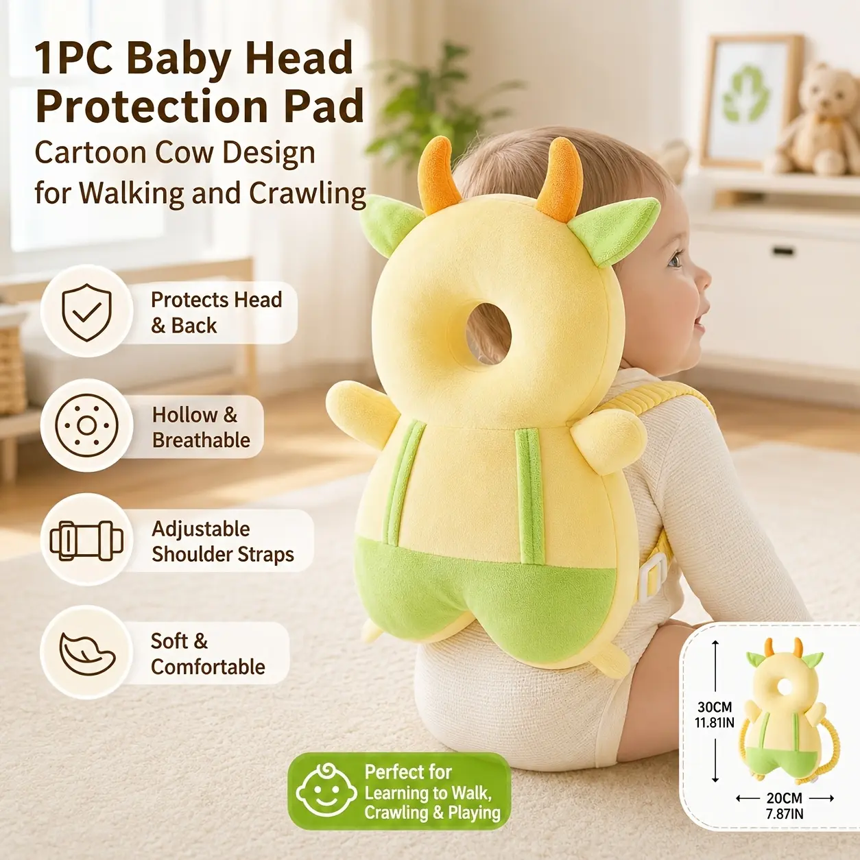 1pc Cute Animal Toddler Learning Safety Hug Pillow, Baby Backpack Head Protection Pillow, Cute Animal Style Toddler Baby Head Protection Bag, Adjustable Baby Head Protection Device, Suitable for Crawling And Walking Stages