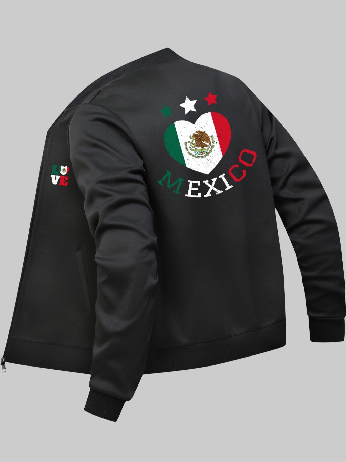 Men's Mexico Flag & Heart Print Zip Up Baseball Collar Jacket, Regular Fit Casual Long Sleeve Pocket Outerwear for Daily Wear, Fashion Men's Clothes for All Seasons