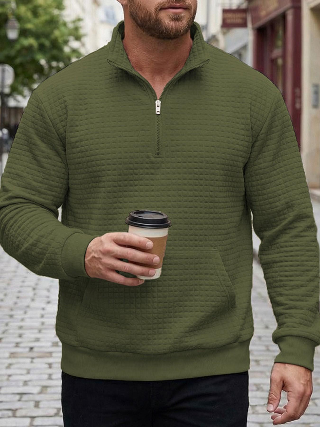 Men's Quilted Quarter Zip Sweatshirt, Waffle Grid Texture Pullover with Stand Collar & Kangaroo Pocket, Casual Loose Fit Top for Streetwear, Daily Wear and Fall Winter